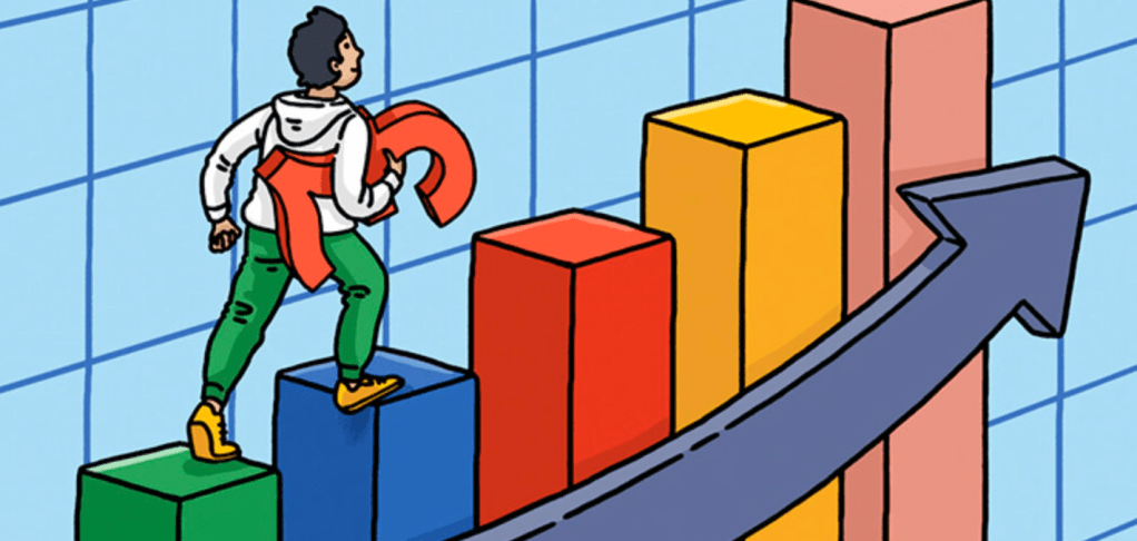 Artistic rendering of a person walking up a chart